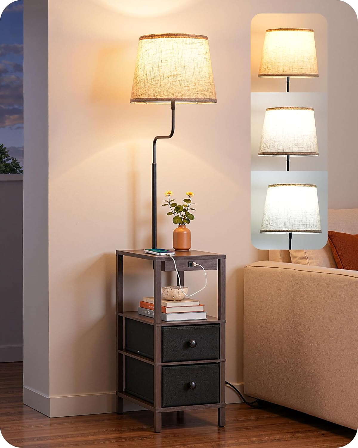 Lampadaire avec Tablette et Port USB A+C - Lampe de Chevet Noire Dimmable