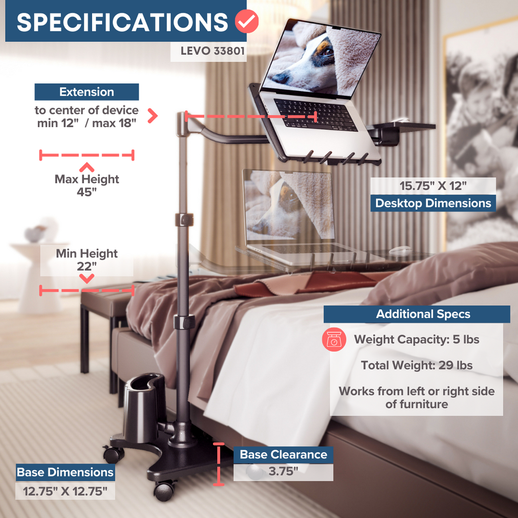 Support PC Portable à Roulettes avec Bras Articulé - Station de Travail Mobile pour Bureau et Télétravail