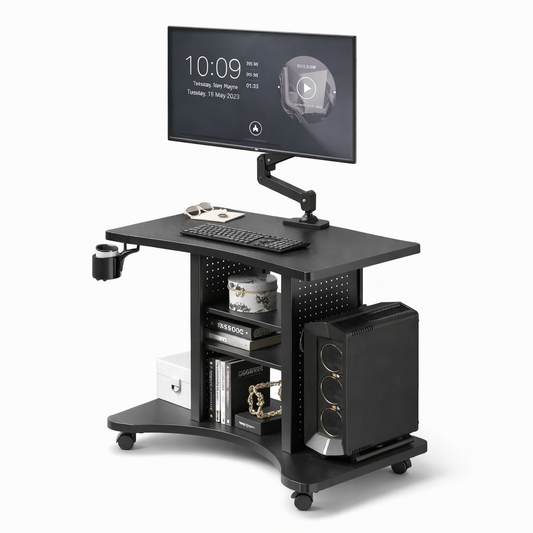 Bureau Assis-Debout Mobile avec Rangement - Bureau Réglable en Hauteur sur Roulettes