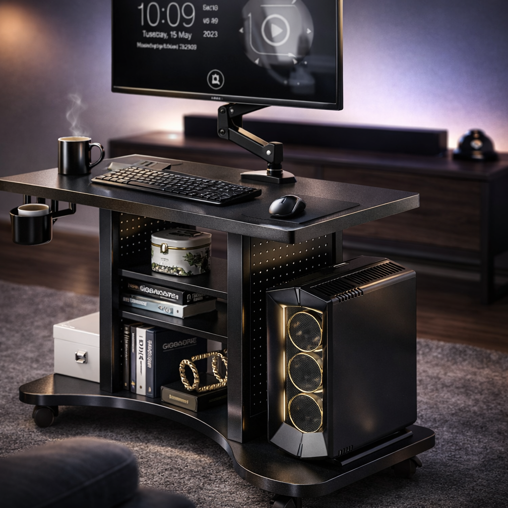 Bureau Assis-Debout Mobile avec Rangement - Bureau Réglable en Hauteur sur Roulettes