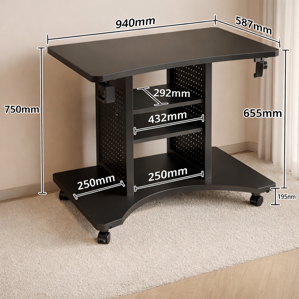 Bureau Assis-Debout Mobile avec Rangement - Bureau Réglable en Hauteur sur Roulettes