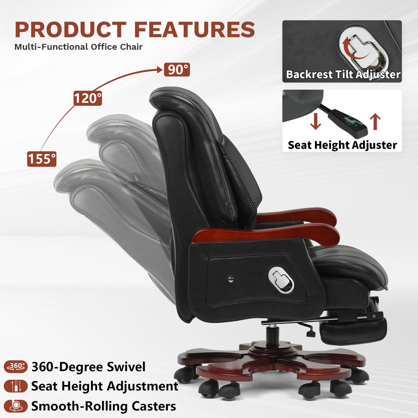 Fauteuil de bureau Jones en cuir véritable – Massage & Inclinaison électrique