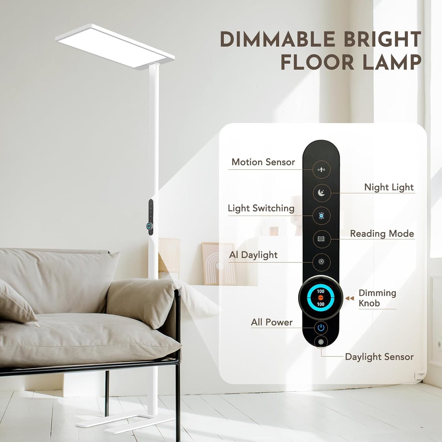 Lampadaire LED de Bureau 120W avec Capteur de Mouvement - 10500 lm, Spectre Complet, 4000K Lumière du Jour