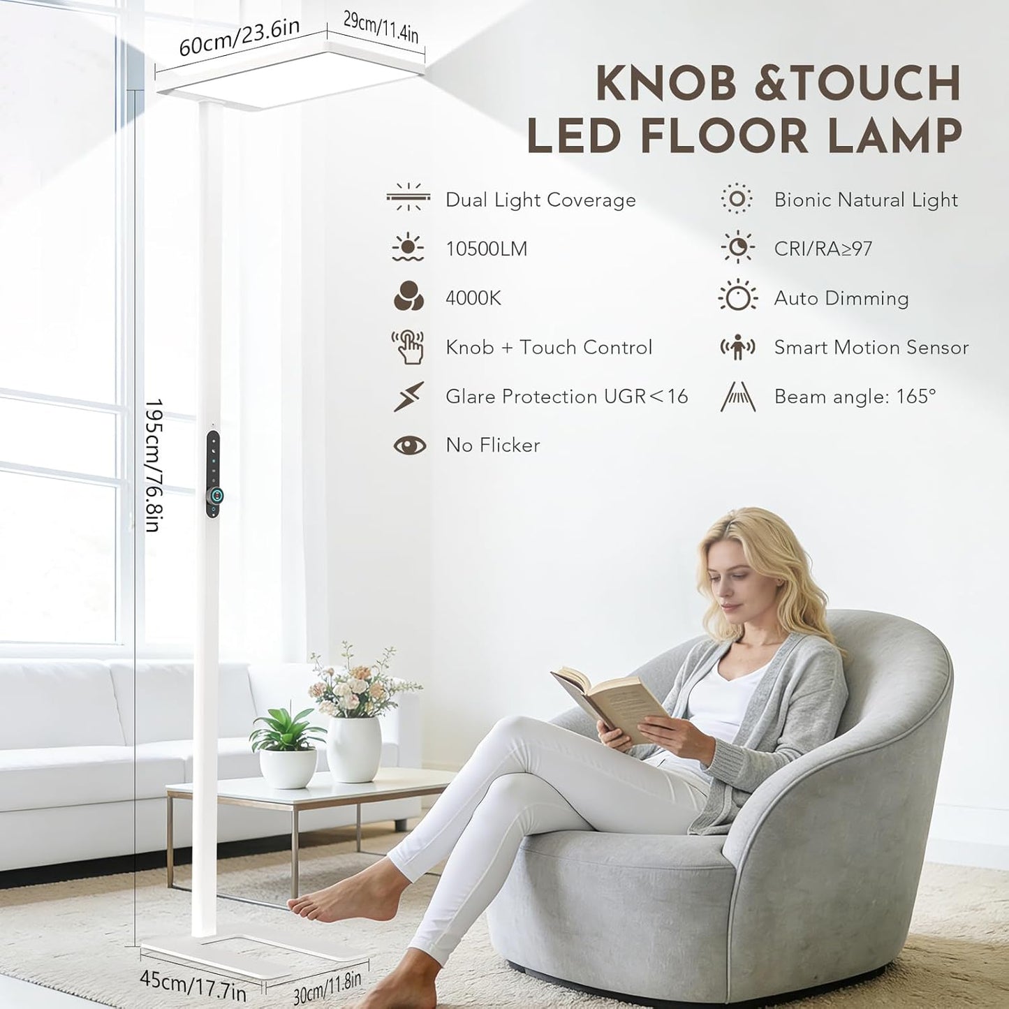 Lampadaire LED de Bureau 120W avec Capteur de Mouvement - 10500 lm, Spectre Complet, 4000K Lumière du Jour