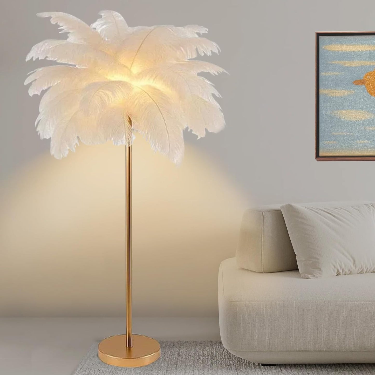 Lampadaire en Plumes d'Autruche pour Salon - Design Moderne, 3 Couleurs d'Éclairage, Or Rose, 160 cm