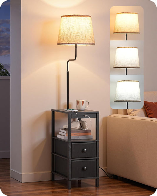 Lampadaire avec Tablette et Port USB A+C - Lampe de Chevet Noire Dimmable