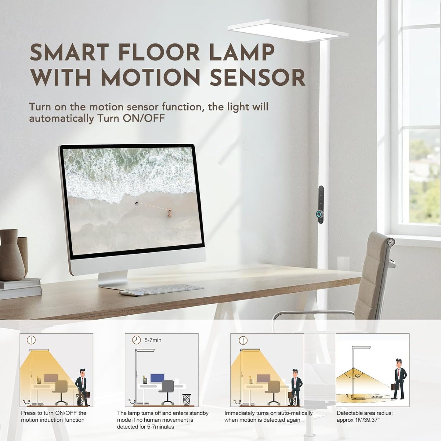 Lampadaire LED de Bureau 120W avec Capteur de Mouvement - 10500 lm, Spectre Complet, 4000K Lumière du Jour