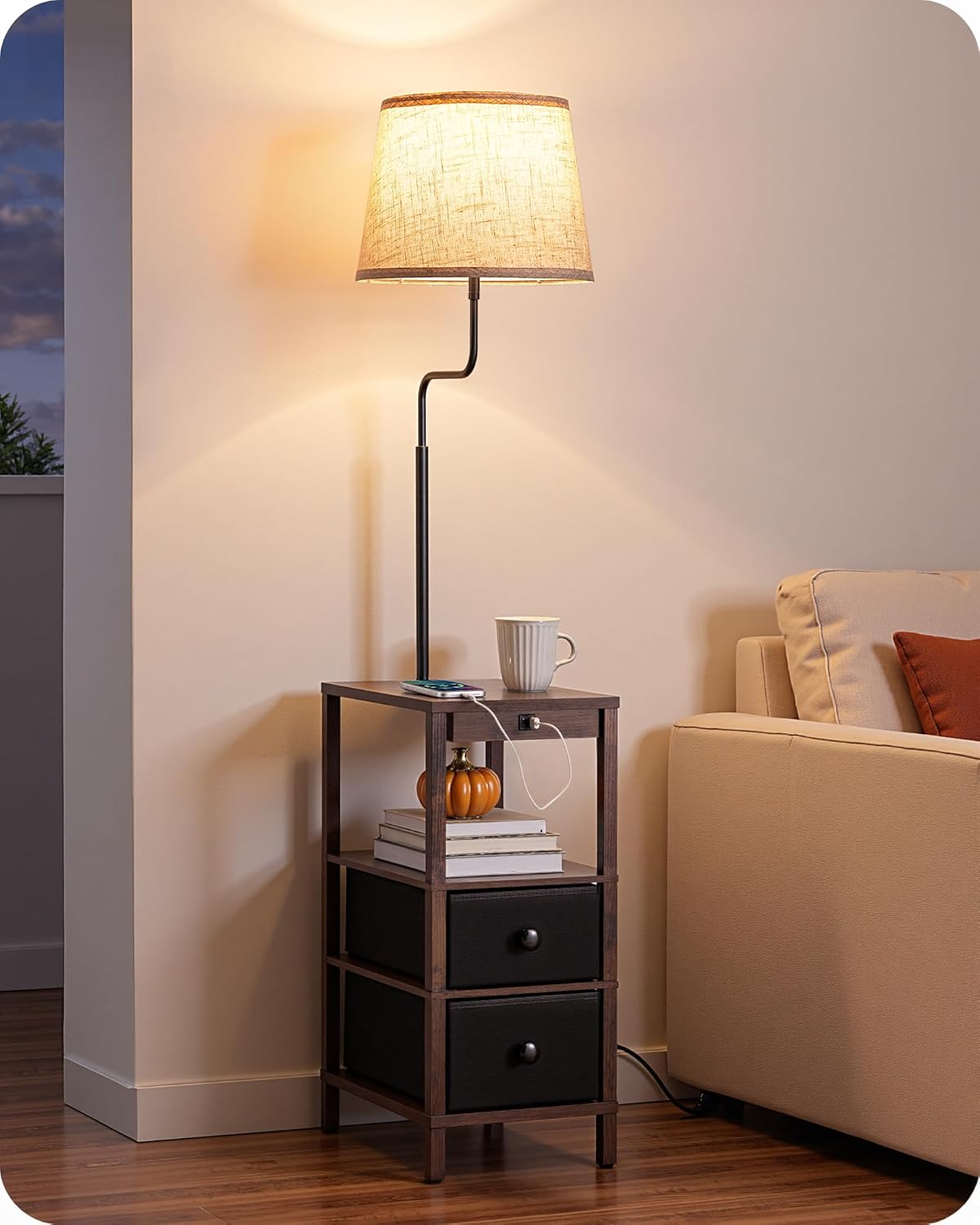 Lampadaire avec Tablette et Port USB A+C - Lampe de Chevet Noire Dimmable