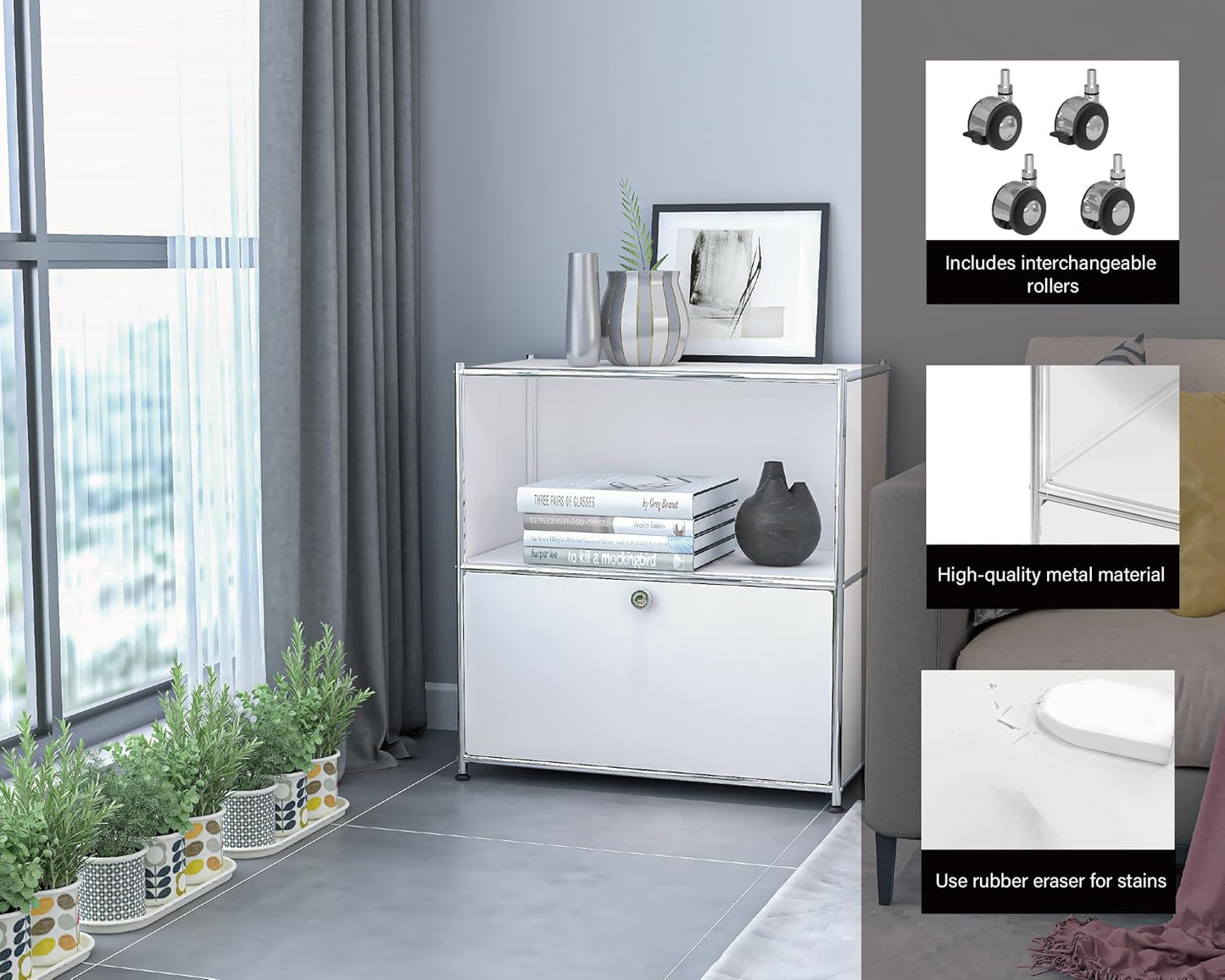 Table d'Appoint Moderne Ennio avec Coffre et Roulettes – Blanc