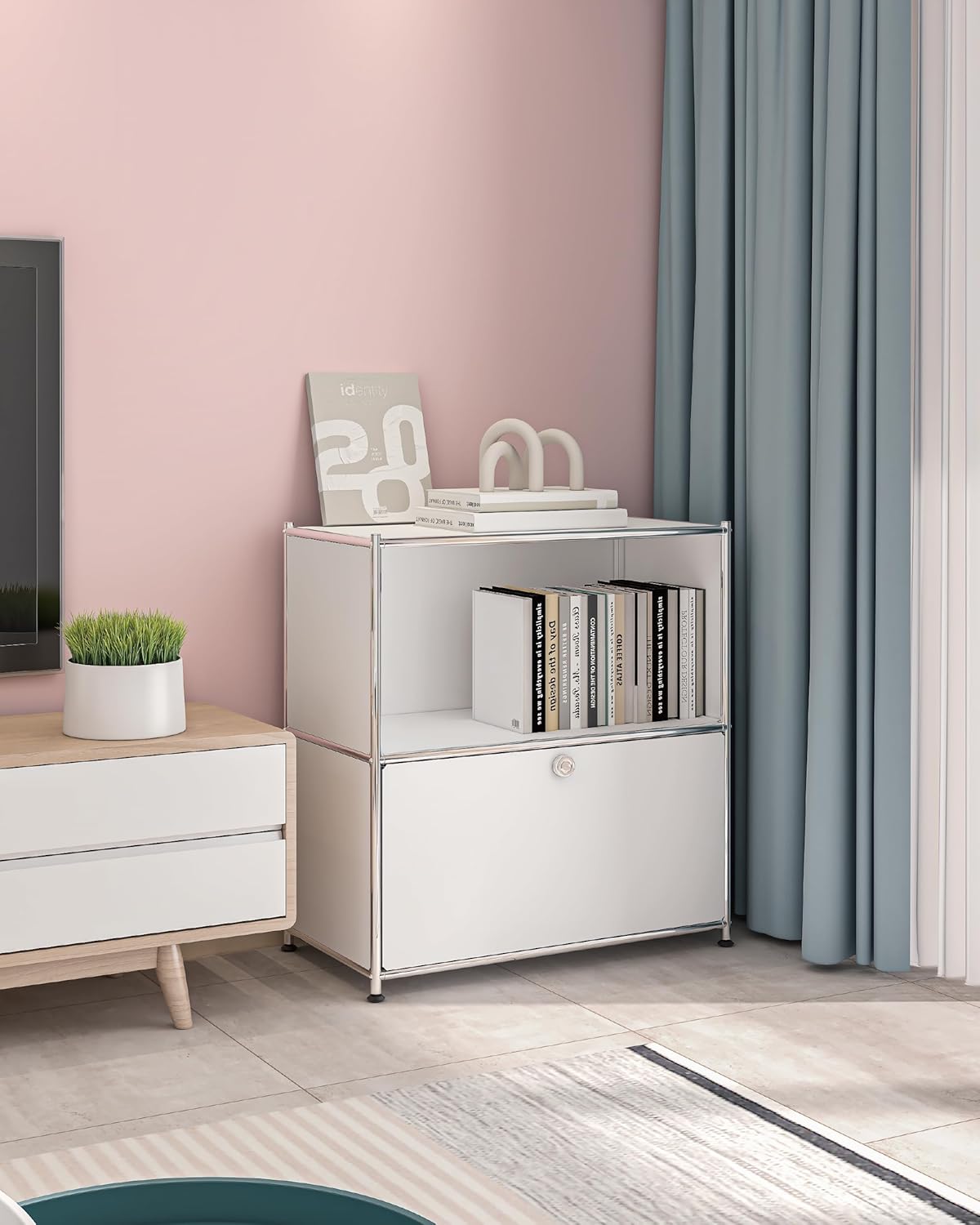 Table d'Appoint Moderne Ennio avec Coffre et Roulettes – Blanc