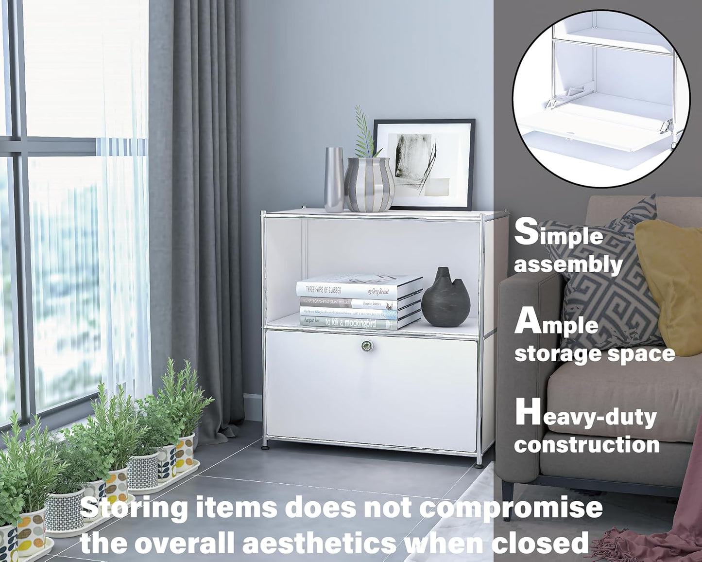 Table d'Appoint Moderne Ennio avec Coffre et Roulettes – Blanc