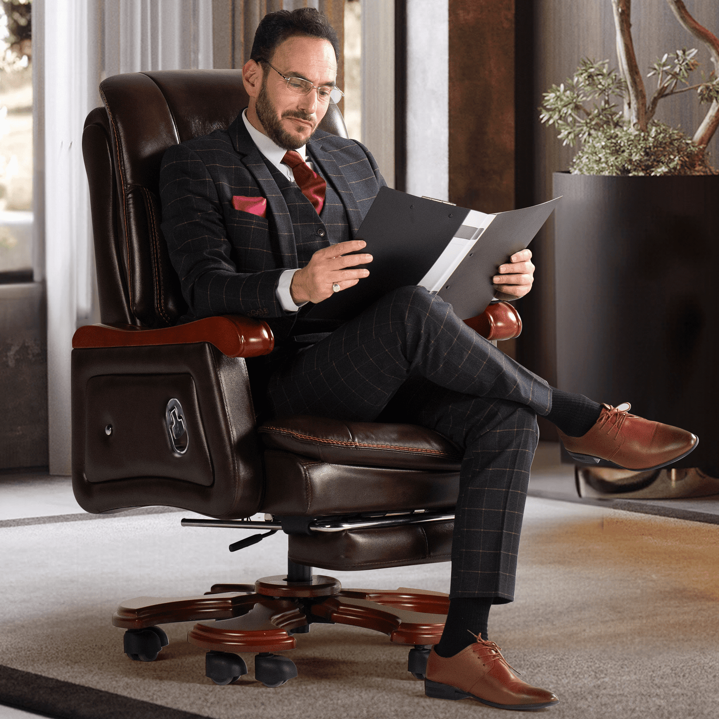 Fauteuil de bureau Jones en cuir véritable – Massage & Inclinaison électrique