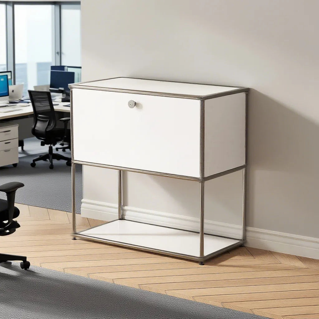 Table d'Appoint Moderne Ennio avec Coffre et Roulettes – Blanc