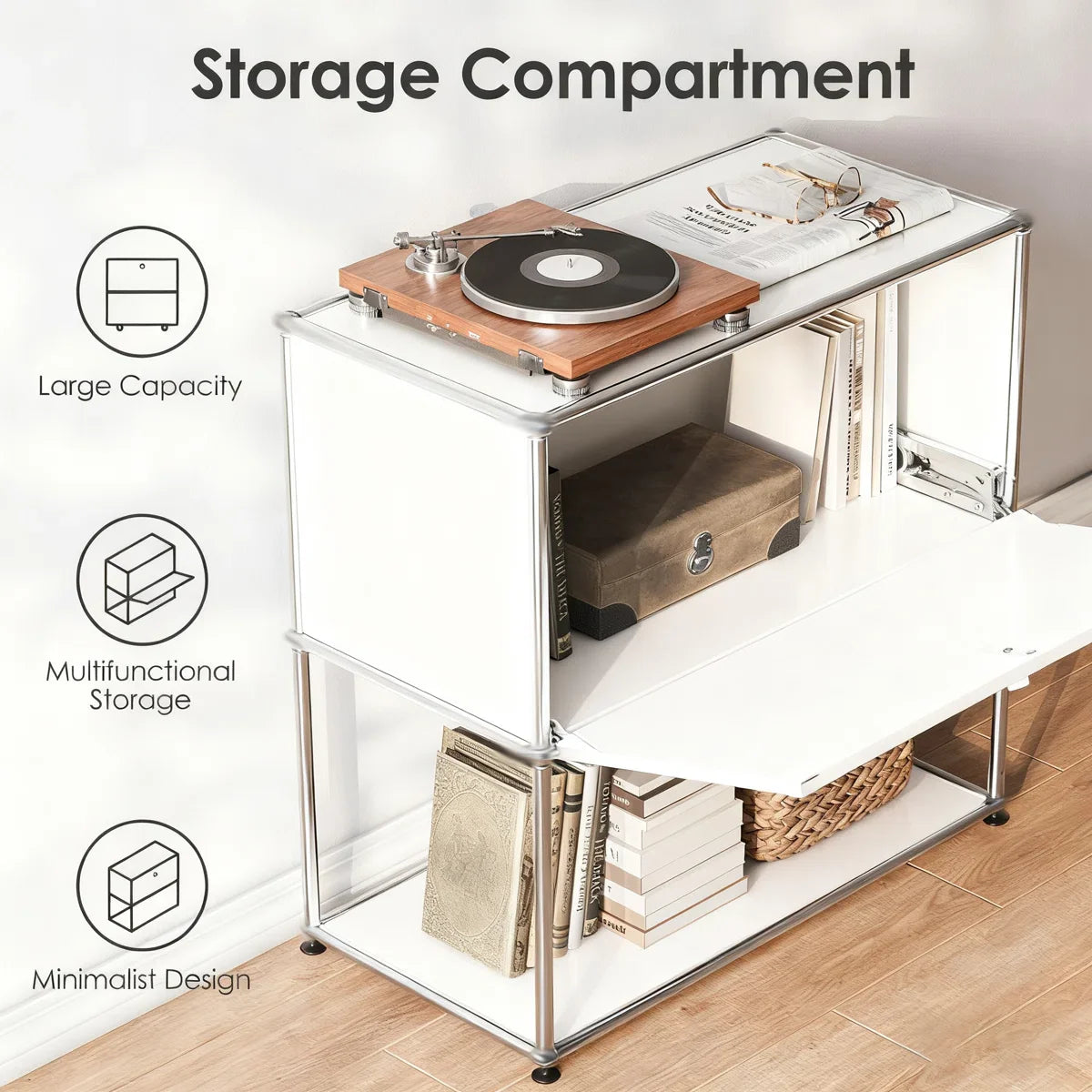 Table d'Appoint Moderne Ennio avec Coffre et Roulettes – Blanc