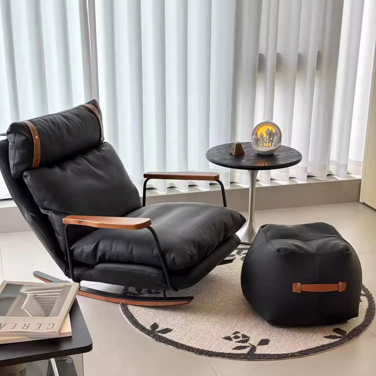 Fauteuil à bascule rétro en cuir – Rocking chair style français